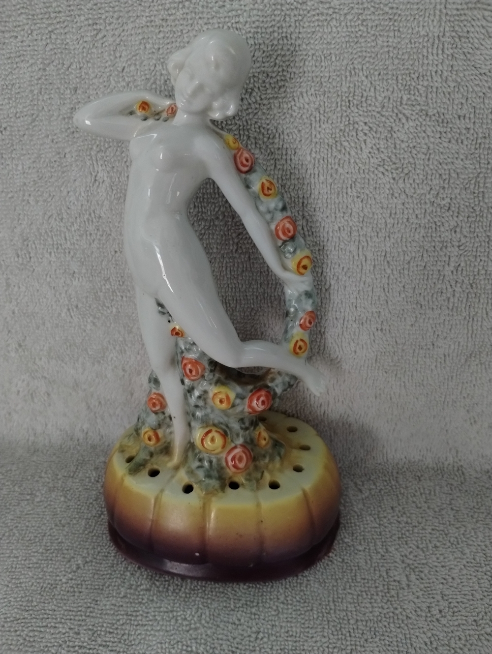 Rare Art Deco White Porcelain Woman  Figurine Flower Frog - Beautiful!!!